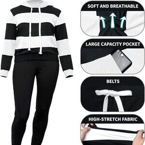 AOMONI Women's 2 Piece Black White Hooded Tracksuit 3XL